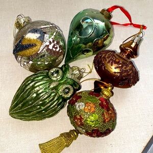 Vintage Glass Christmas Ornament Nature Owl‎ Bird Green  Brown lot (5)